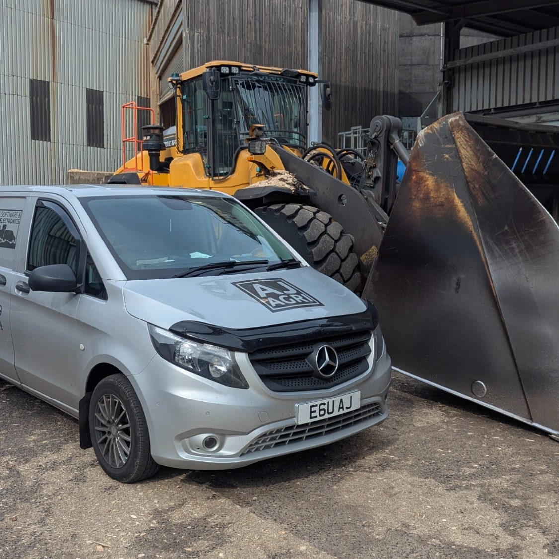 volvo-l150h-wheel-loader-limp-mode-remapping AJ Agri mobile remapping van on-site with a Volvo L150H wheel loader for ECU, ACM, and AdBlue solutions.